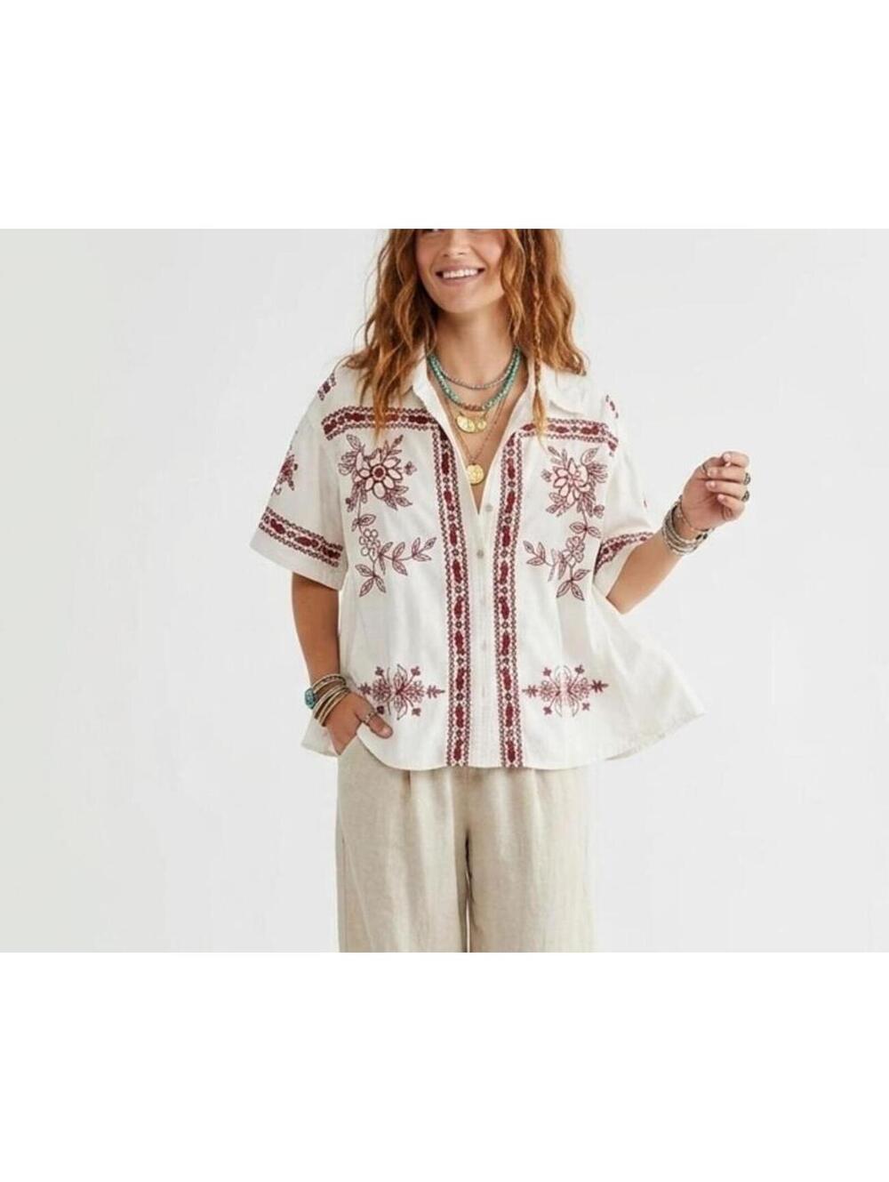 Free People We The Free, White and Red Embroidered spring Refresh Shirt